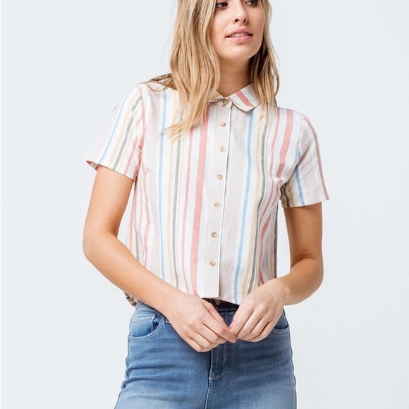 SKY AND SPARROW Stripe Tan Womens Crop Camp Shirt - Medium - Picture 2 of 10